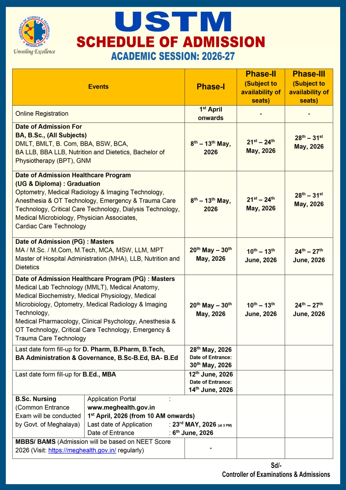 USTM Admission Schedule 2026-27